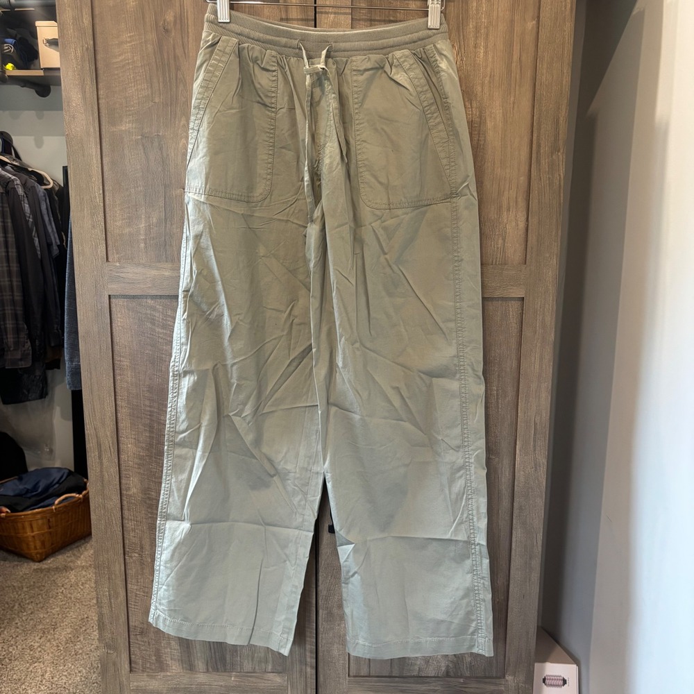 Pact Organic Cotton Poplin Wide Leg Utility Pants Sage Green Small Pull On
